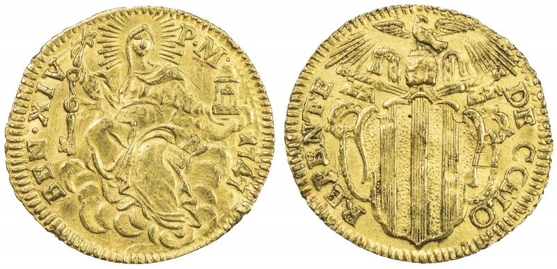 PAPAL STATES: Benedict XIV, 1740-1758, AV mezzo (½) zecchino (1.72g), Rome, 1747...