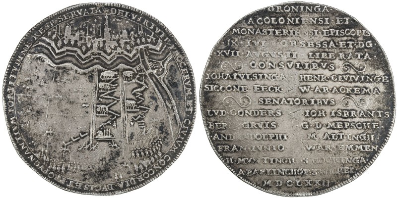 GRONINGEN: City, AR medal (65.27g), 1672, van Loon, pgs. 99-100, 58mm unsigned s...