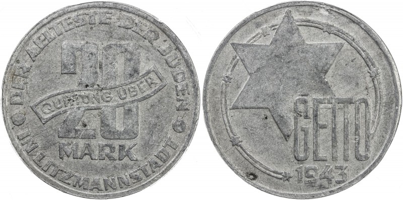 LITZMANNSTADT GHETTO: 20 mark, 1943, KM-Tn4, struck in aluminum, PCGS graded AU5...