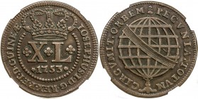 ANGOLA: José I, 1750-1777, AE 40 reis, 1753, KM-9, Gomes Jo 04.02, excellent strike, two-year type, variety with date between rosettes, NGC graded EF4...