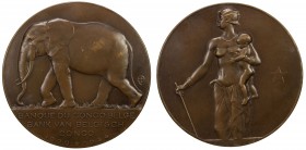 BELGIAN CONGO: AE medal (121.0g), 1934, Vancraenbroeck 141, 71mm bronze medal for the 25th Anniversary of the Banque du Congo Belge by Armand Bonnetin...