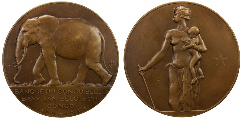 BELGIAN CONGO: AE medal (126.8g), 1934, Vancraenbroeck 141, 71mm bronze medal fo...