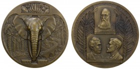 CONGO: AE medal (143.2g), 1935, Vancraenbroeck 74, 68mm bronze medal for the Creators of Belgian and French Congo by Becker, African elephant head amo...