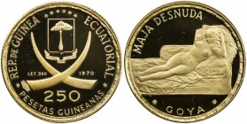 EQUATORIAL GUINEA: Republic, AV 250 pesetas, 1970, KM-20.1, Goya's La Maja Desnuda, Proof.
Estimate: USD 150 - 200