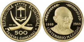 EQUATORIAL GUINEA: Republic, AV 500 pesetas, 1969, KM-25, 100th Anniversary of the Birth of Mahatma Gandhi, Proof.
Estimate: USD 300 - 400