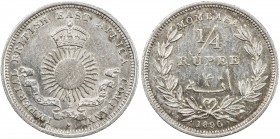 MOMBASA: Victoria, 1888-1896, AR ¼ rupee (4 annas), 1890-H, KM-3, Imperial British East Africa Company issue, lightly cleaned, AU.
Estimate: USD 100 ...