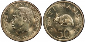 TANZANIA: Republic, 50 senti, 1973, as KM-3, trial strike in nickel-brass, PCGS graded Specimen 64, RR, ex King's Norton Mint Collection. 
Estimate: ...