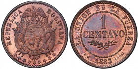 BOLIVIA: Republic, AE centavo, 1883, KM-E2, initials EG, essai for KM-167, PCGS graded Specimen 64RB.
Estimate: USD 150 - 200