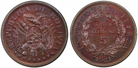 BOLIVIA: Republic, AE 5 bolivianos, 1951-KN, KM-185, hints of red, PCGS graded Specimen 65BN, ex King's Norton Mint Collection. 
Estimate: USD 125 - ...