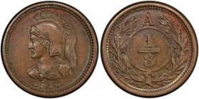 ANTICOSTI ISLAND: 1/8 penny token, 1870, KM-XPn1, Ch-250, helmeted bust in Roman style // denomination 1/8 in wreath, letter A at the top, said to be ...