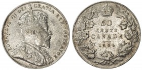 CANADA: Edward VII, 1901-1910, AR 50 cents, 1904, KM-12, a couple tiny reverse rim taps, hints of luster, better date, VF.
Estimate: USD 400 - 500