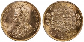 CANADA: George V, 1910-1936, AV 10 dollars, 1914, KM-27, slab and coin set in handsome hardwood case, PCGS graded MS63+, ex Canadian Gold Reserve Hoar...