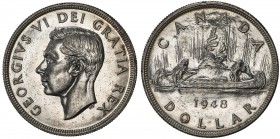 CANADA: George VI, 1936-1952, AR dollar, 1948, KM-46, prooflike surfaces, some hairlines, key date, AU.
Estimate: USD 1000 - 1200