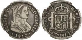CHILE: Fernando VII, 1808-1817, AR 2 reales, 1810-So, KM-74, assayer FJ, imaginary laureate military bust type, NGC graded EF45.
Estimate: USD 300 - ...