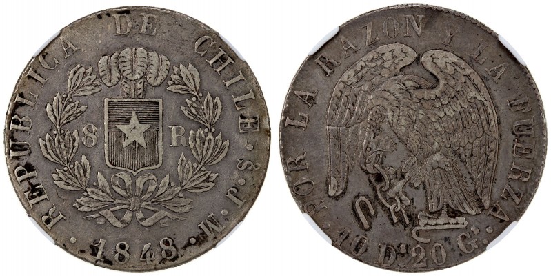 CHILE: Republic, AR 8 reales, 1848-So, KM-96.2, variety with larger inscriptions...