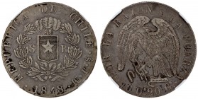 CHILE: Republic, AR 8 reales, 1848-So, KM-96.2, variety with larger inscriptions, NGC graded VF35.
Estimate: USD 200 - 300