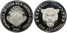 COSTA RICA: Republic, AR 250 colones, 1982, KM-212, country arms // head of a jaguar, struck at the Franklin Mint, mintage of 1109 pieces, with origin...