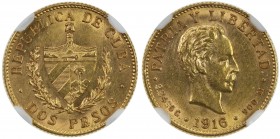 CUBA: Republic, AV 2 pesos, 1916, KM-17, Y-11, portrait of José Martí, MS62. Designed by Charles Edward Barber, chief engraver of the US Mint and stru...