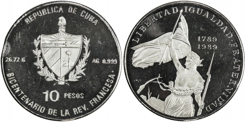 CUBA: Republic, AR 10 pesos, 1989, KM-P16, piedfort (piéfort) issue, 200th Anniv...