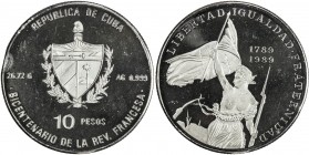 CUBA: Republic, AR 10 pesos, 1989, KM-P16, piedfort (piéfort) issue, 200th Anniversary of French Revolution - Female Allegory of Revolution, from Dela...