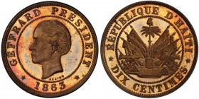 HAITI: Republic, AE 10 centimes, 1863-HEATON, KM-40, Y-B1, very clean surfaces, pleasing color (mostly red), PCGS graded Specimen 65RB.
Estimate: USD...