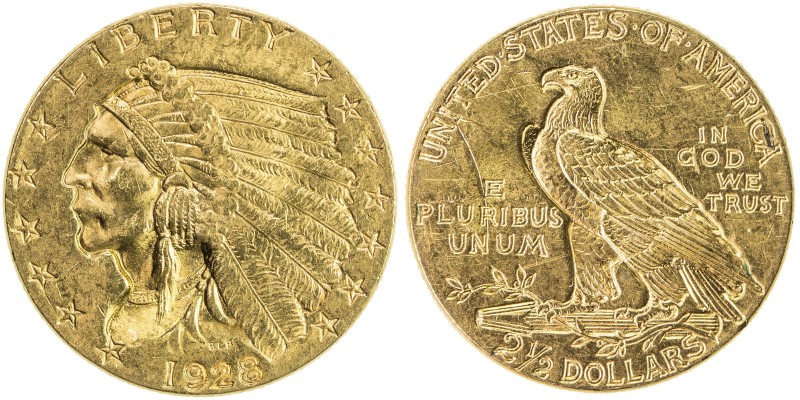 UNITED STATES: 2½ dollars (4.18g), 1928, EF to AU, Indian head left // eagle sta...