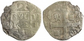VENEZUELA: AR 2 reales (4.81g), Caracas, "142", Cr-13.1, imitation cob (macuquina) type struck by the Royalists during the Wars of Independence (1812-...