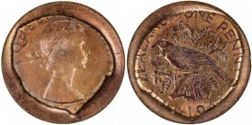 NEW ZEALAND: Elizabeth II, 1952—, penny, 1961, KM-24.2, major die break all around the edge, known as a cud, extremely rare covering all 360° on both ...