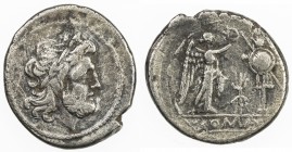 ROMAN REPUBLIC: Anonymous, AR victoriatus (2.29g), Rome, Crawford-119/1; Sydenham-247, struck 206-195 BC, laureate head of Jupiter right // Victory st...