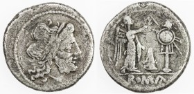 ROMAN REPUBLIC: Anonymous, AR victoriatus (2.58g), Rome, Crawford-124/1; Sydenham-259, struck 206-195 BC, laureate head of Jupiter right // Victory st...