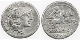 ROMAN REPUBLIC: Spurius Afranus, AR denarius (3.75g), Rome, Crawford-206/1; Sydenham-388, struck 150 BC, helmeted head of Roma right, X (mark of value...