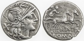ROMAN REPUBLIC: Pinarius Natta, AR denarius (3.78g), Rome, Crawford-208/1; Sydenham-390, struck 149 BC, helmeted head of Roma right, X (mark of value)...