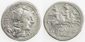 ROMAN REPUBLIC: Q Marcius Libo, AR denarius (3.77g), Rome, Crawford-215/1; Sydenham-395, struck 148 BC, helmeted head of Roma right, LIBO behind, X (m...