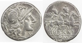 ROMAN REPUBLIC: L. Cupiennius, AR denarius (3.67g), Rome, Crawford-218/1; Sydenham-404, struck 147 BC, helmeted head of Roma right, cornucopia behind,...