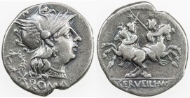 ROMAN REPUBLIC: C. Servilius M. f. AR denarius (3.81g), Rome, Crawford-239/1; Sydenham-525, struck 136 BC, helmeted head of Roma right, wreath behind ...