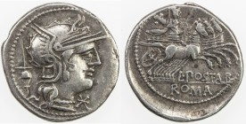 ROMAN REPUBLIC: L. Postumius Albinus, AR denarius (3.91g), Rome, Crawford-252/1; Sydenham-472, struck 131 BC, helmeted head of Roma right, apex behind...