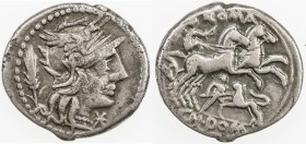 ROMAN REPUBLIC: Cn. Domitius Ahenobarbus, AR denarius (3.85g), Rome, Crawford-262/1; Sydenham-514, struck 128 BC, helmeted head of Roma right, stalk o...
