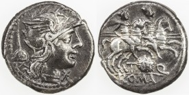 ROMAN REPUBLIC: T. Quinctius Flamininus, AR denarius (3.83g), Rome, Crawford-267/1; Sydenham-505, struck 126 BC, helmeted head of Roma right, apex beh...