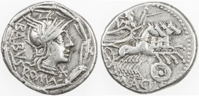 ROMAN REPUBLIC: Man. Acilius, AR denarius (3.91g), Rome, Crawford-271/1; Sydenham-498, struck 125 BC, helmeted head of Roma right, BALBVS behind, ROMA...