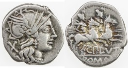 ROMAN REPUBLIC: C. Plutius, AR denarius (3.87g), Rome, Crawford-278/1; Sydenham-410, struck 121 BC, helmeted head of Roma right, X (mark of value) beh...