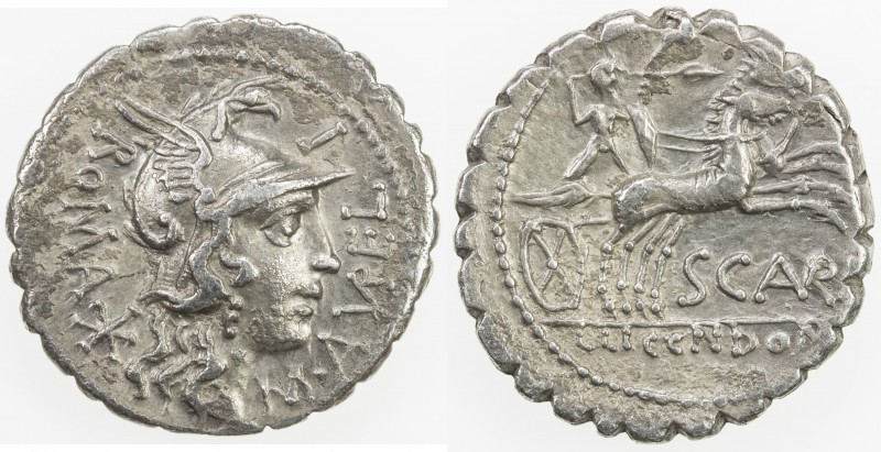 ROMAN REPUBLIC: M. Aurelius Scaurus, AR serrate denarius (3.82g), Narbo, Crawfor...