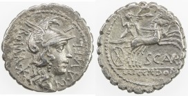 ROMAN REPUBLIC: M. Aurelius Scaurus, AR serrate denarius (3.82g), Narbo, Crawford-282/1; Sydenham-523, struck 118 BC, helmeted head of Roma right, ROM...
