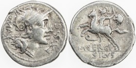 ROMAN REPUBLIC: M. Sergius Silus, AR denarius (3.77g), Rome, Crawford-286/1; Sydenham-534, struck 116-115 BC, helmeted head of Roma right, ROMA and st...