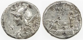 ROMAN REPUBLIC: P. Licinius Nerva, AR denarius (3.92g), Rome, Crawford-292/1; Sydenham-548, struck 113-112 BC, helmeted bust of Roma left, holding shi...