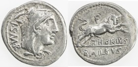 ROMAN REPUBLIC: L. Thorius Balbus, AR denarius (3.93g), Rome, Crawford-316/1; Sydenham-598, struck 105 BC, head of Juno Sospita right, wearing goat sk...