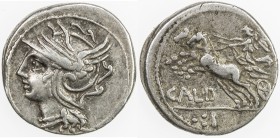 ROMAN REPUBLIC: Coelius Caldus, AR denarius (3.94g), Rome, Crawford-318/1a; Sydenham-582a, struck 104 BC, helmeted head of Roma left // Victory drivin...