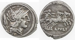ROMAN REPUBLIC: L. Julius, AR denarius (3.81g), Rome, Crawford-323/1; Sydenham-585, struck 101 BC, helmeted head of Roma right, ear of grain behind //...