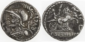 ROMAN REPUBLIC: P. Servilius M.f. Rullus, AR denarius (3.75g), Rome, Crawford-328/1; Sydenham-601, struck 100 BC, helmeted bust of Minerva left, weari...