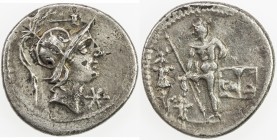 ROMAN REPUBLIC: C. Poblicius Malleolus, fourree denarius (3.29g), Crawford-335/3f; Sydenham-615b, struck 96 BC, helmeted head of Mars right, star (mar...