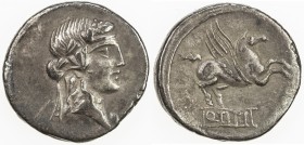 ROMAN REPUBLIC: Q. Titius, AR denarius (3.56g), Rome, Crawford-341/2; Sydenham-692, struck 90 BC, head of young Bacchus (Liber) right, wearing ivy wre...